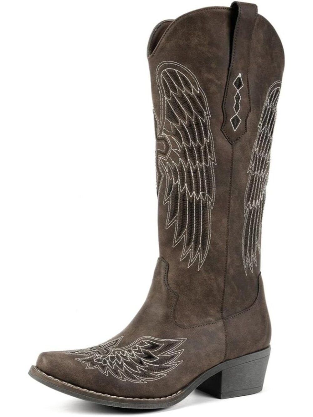 Women's Brown Suede Gothic Cross Angel Wing Embroidered Mid Calf Cowgirl Boots